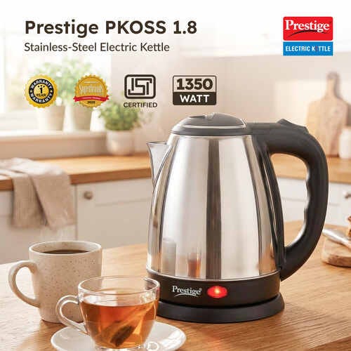 Prestige PKOSS 1.8L Stainless Steel Electric Kettle, Silver & Black (1350W)