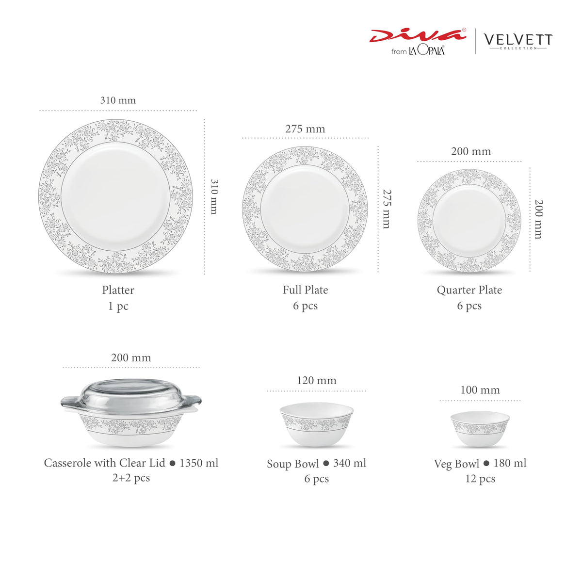 La Opala Diva Velvett Aria Grey Opalware Dinner Set (35 Pieces)