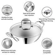Vinod Platinum Triply Stainless Steel Extra Deep Kadai with Lid (28 cm) (4.8 L)