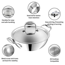 Vinod Platinum Triply Stainless Steel Extra Deep Kadai with Lid (28 cm) (4.8 L)