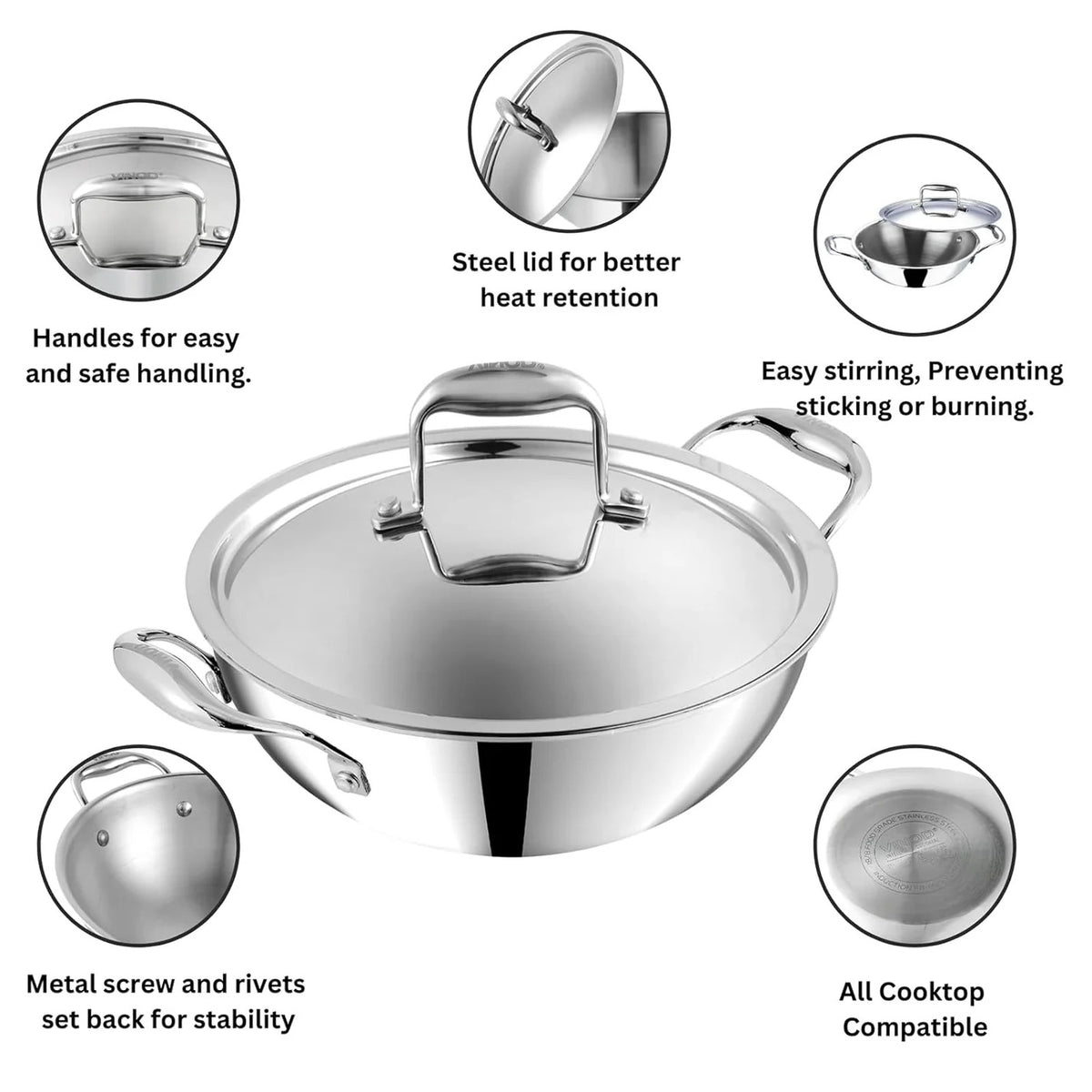 Vinod Platinum Triply Stainless Steel Extra Deep Kadai with Lid (22 cm) (2.5 L)