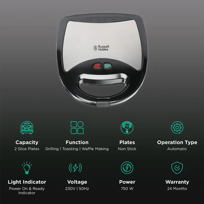 Russell Hobbs 3-in-1 Sandwich Maker (Black & Silver, 750W)