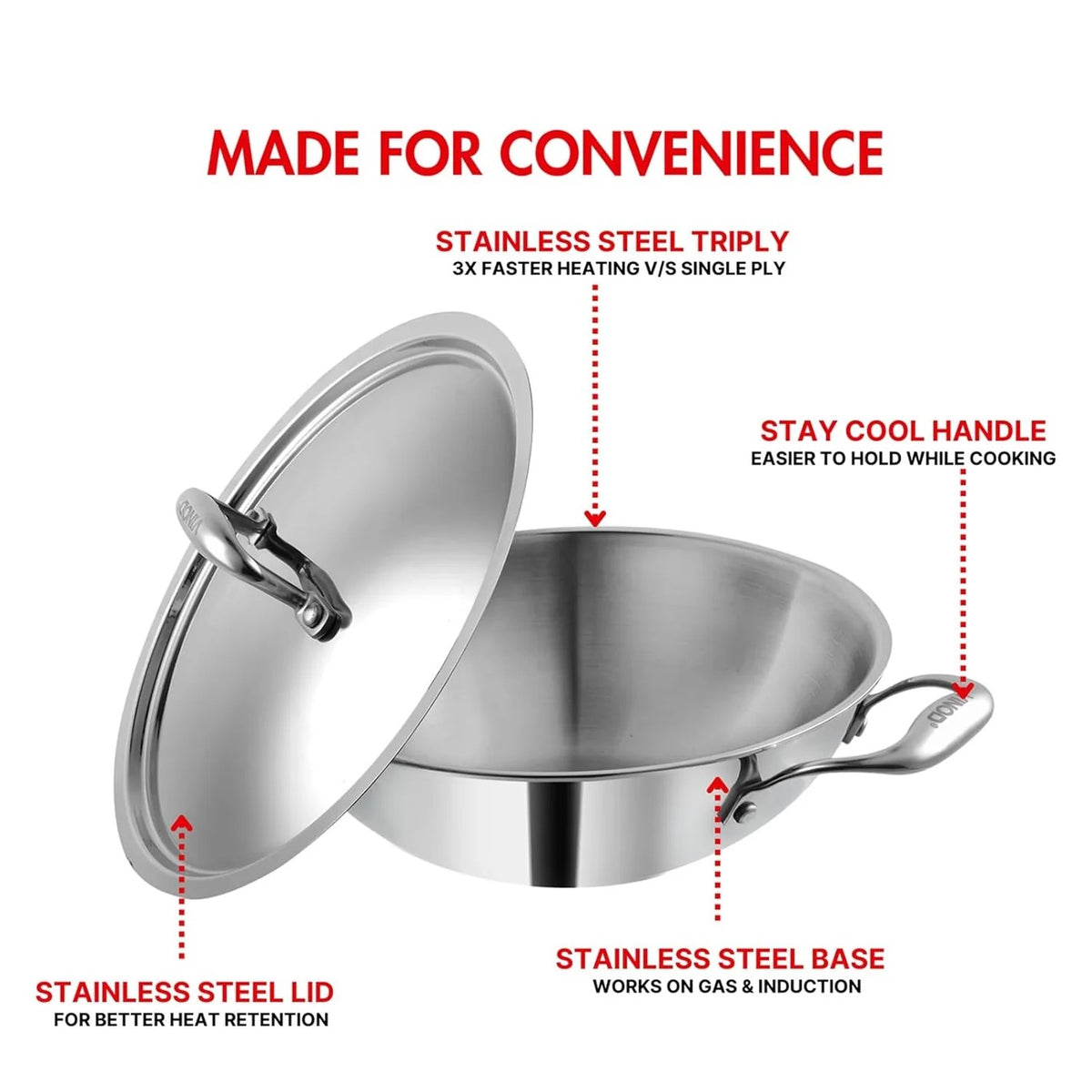 Vinod Platinum Triply Stainless Steel Extra Deep Kadai with Lid (24 cm) (3.2 L)