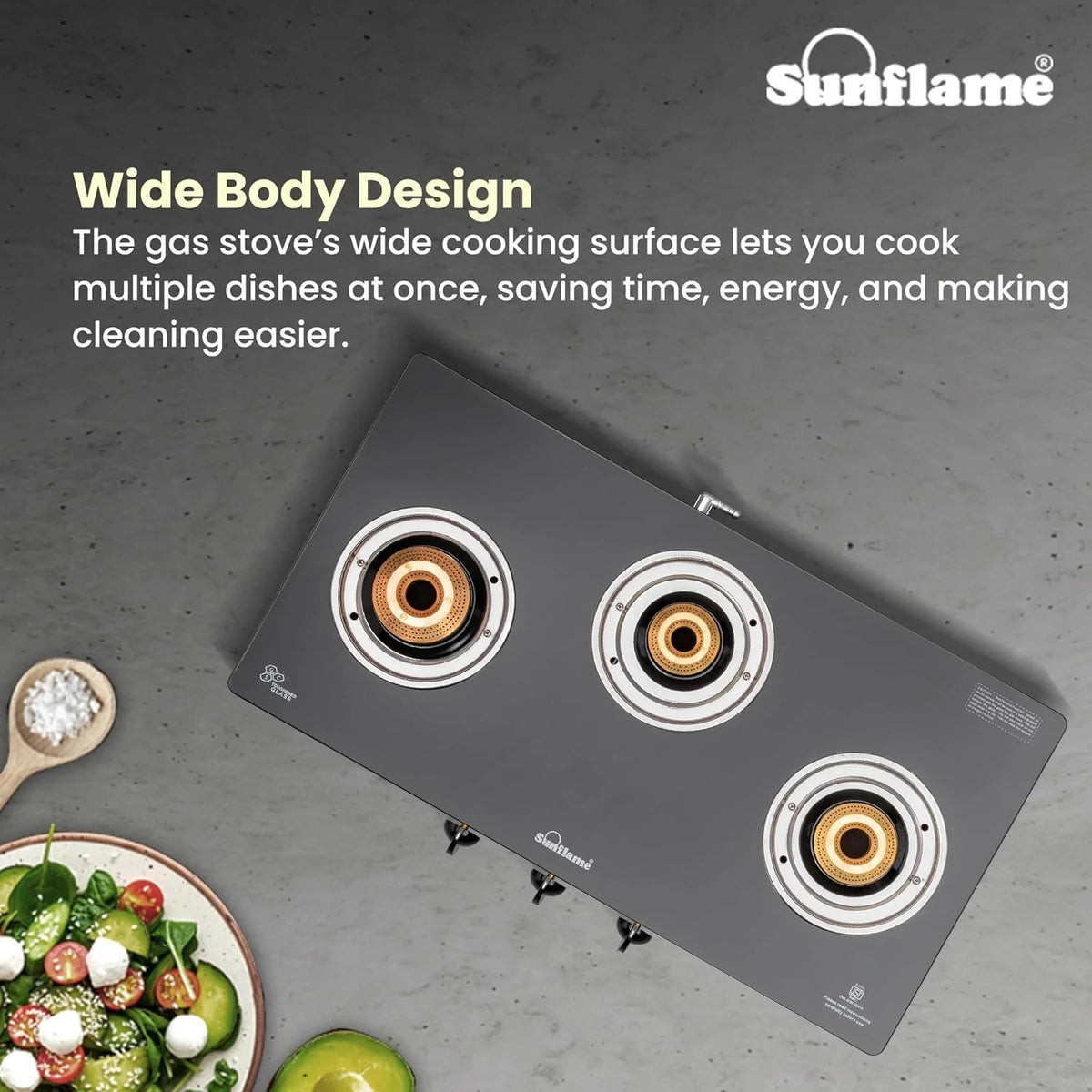 Sunflame Crystal Toughened Glass Top Gas Stove (3 Burner, Manual Ignition)
