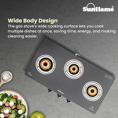 Sunflame Crystal Toughened Glass Top Gas Stove (3 Burner, Manual Ignition)