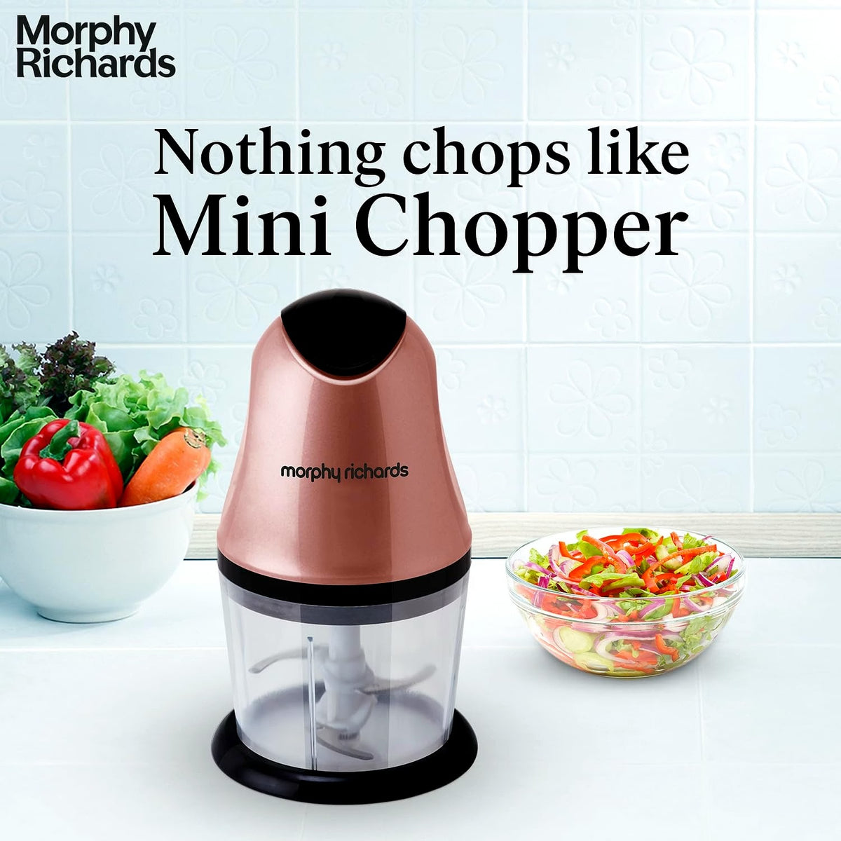 Morphy Richards Mini Electric Chopper, 4 Stainless Steel Blades (840 ml Bowl, Rose Gold)