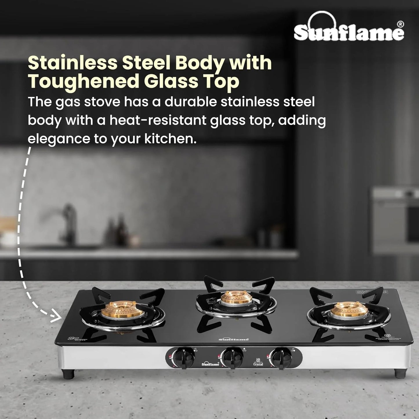 Sunflame Crystal Toughened Glass Top Gas Stove (3 Burner, Manual Ignition)