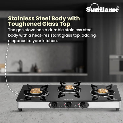 Sunflame Crystal Toughened Glass Top Gas Stove (3 Burner, Manual Ignition)