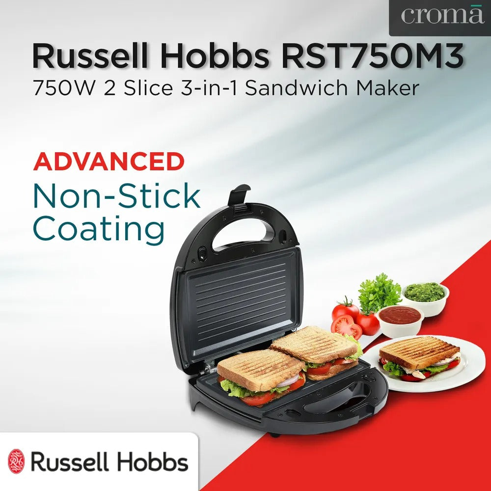 Russell Hobbs 3-in-1 Sandwich Maker (Black & Silver, 750W)