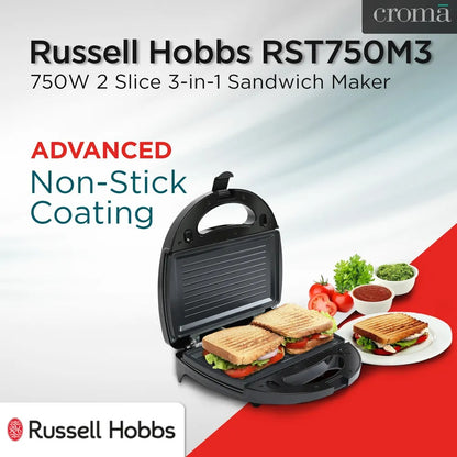 Russell Hobbs 3-in-1 Sandwich Maker (Black & Silver, 750W)