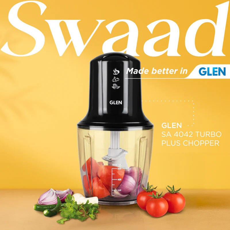 Glen Turbo Plus Electric Vegetable Chopper, 3 Stainless Steel Blades (600 ml Large Bowl, Black)