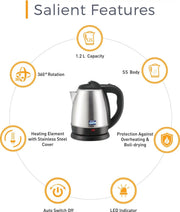 Kent Vogue SS Electric Kettle (Silver & Black, 1.2 Litre)