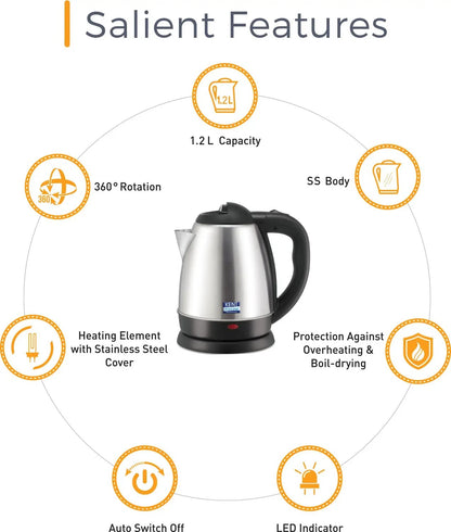 Kent Vogue SS Electric Kettle (Silver & Black, 1.2 Litre)