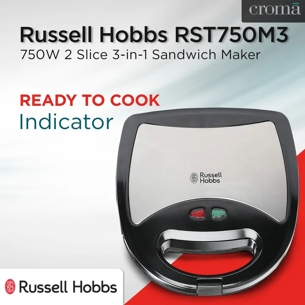 Russell Hobbs 3-in-1 Sandwich Maker (Black & Silver, 750W)