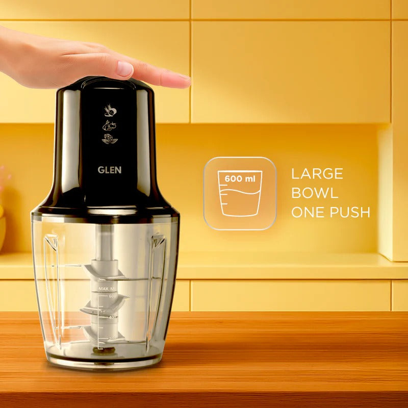 Glen Turbo Plus Electric Vegetable Chopper, 3 Stainless Steel Blades (600 ml Large Bowl, Black)