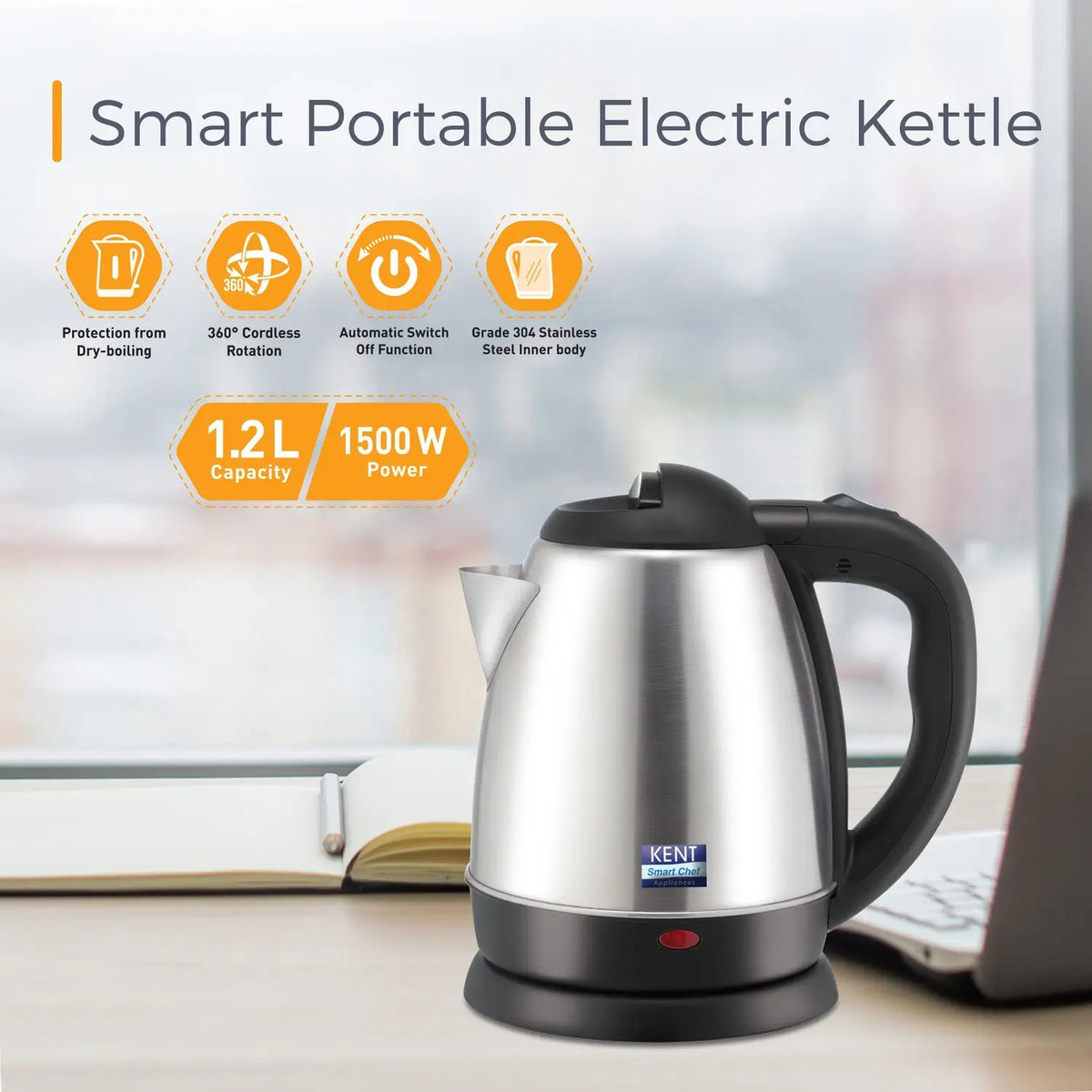 Kent Vogue SS Electric Kettle (Silver & Black, 1.2 Litre)