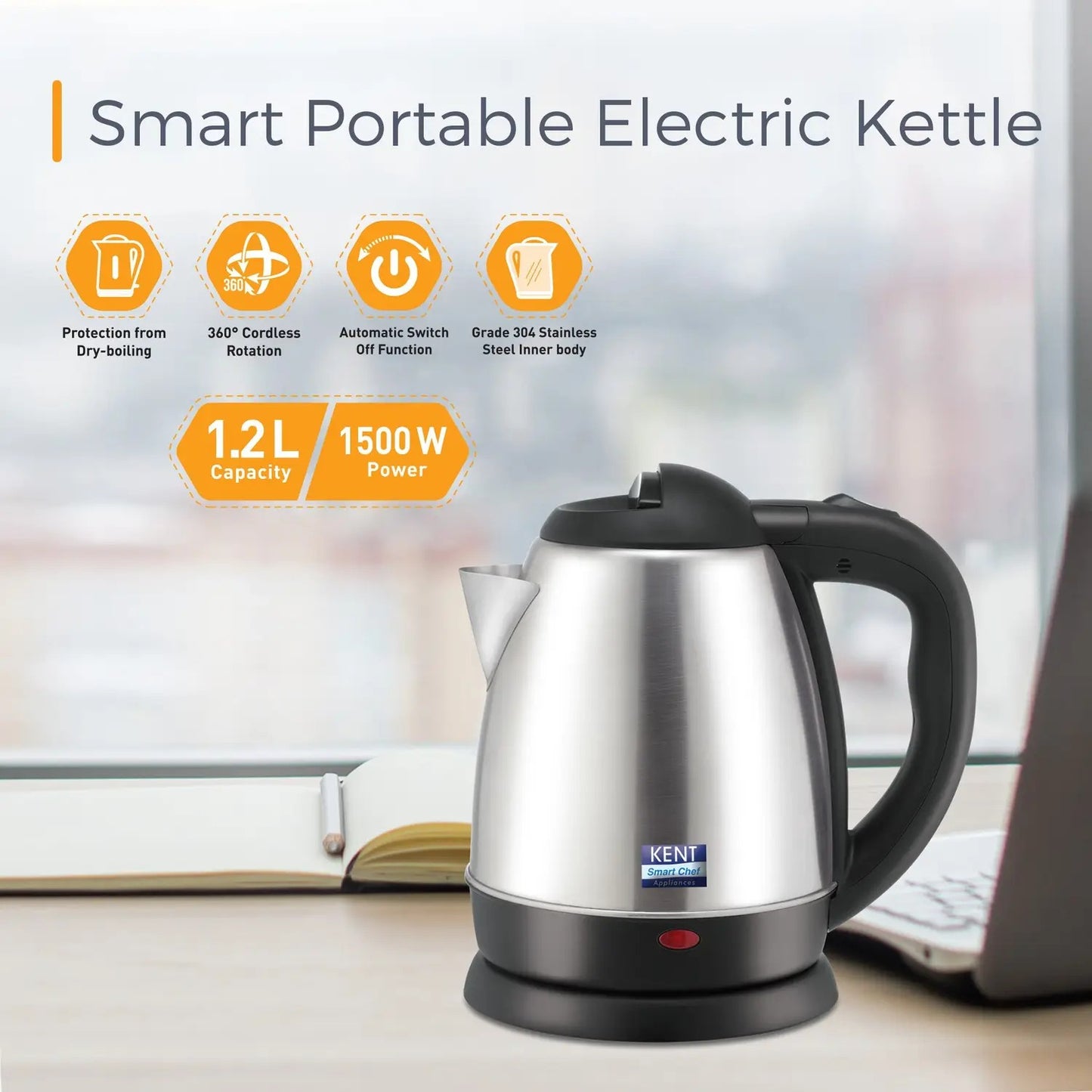 Kent Vogue SS Electric Kettle (Silver & Black, 1.2 Litre)
