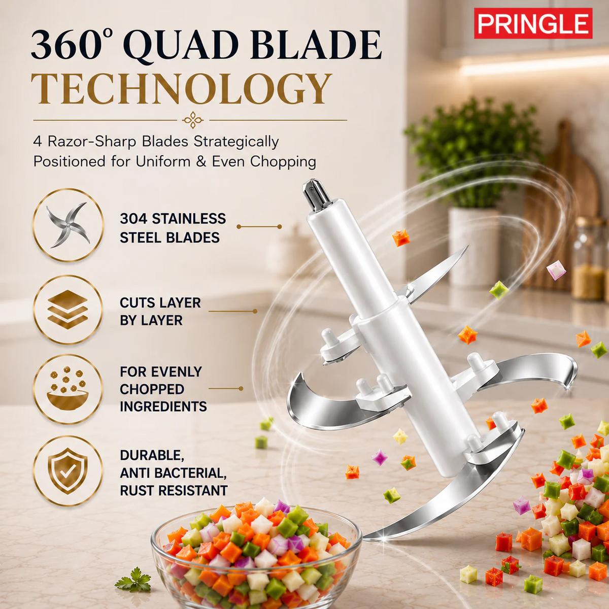 Pringle QuadMax Electric Vegetable & Meat Chopper, 3 Litre Stainless Steel Bowl (3 Speed Settings, 4 Stainless Steel Blades)