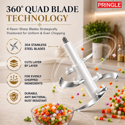 Pringle QuadMax Electric Vegetable & Meat Chopper, 3 Litre Stainless Steel Bowl (3 Speed Settings, 4 Stainless Steel Blades)