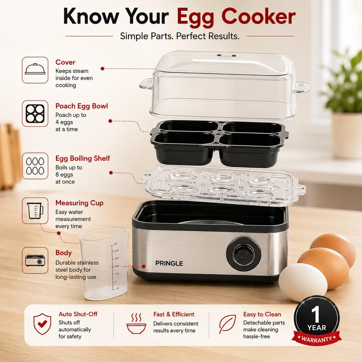 Pringle 2-in-1 Egg Boiler & Poacher (6 Egg Capacity & 4 Egg Poacher, 550W)