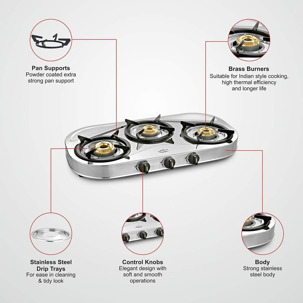 Sunflame Shakti Stainless Steel Gas Stove (3 Burner, Manual Ignition)