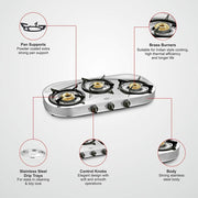 Sunflame Shakti Stainless Steel Gas Stove (3 Burner, Manual Ignition)