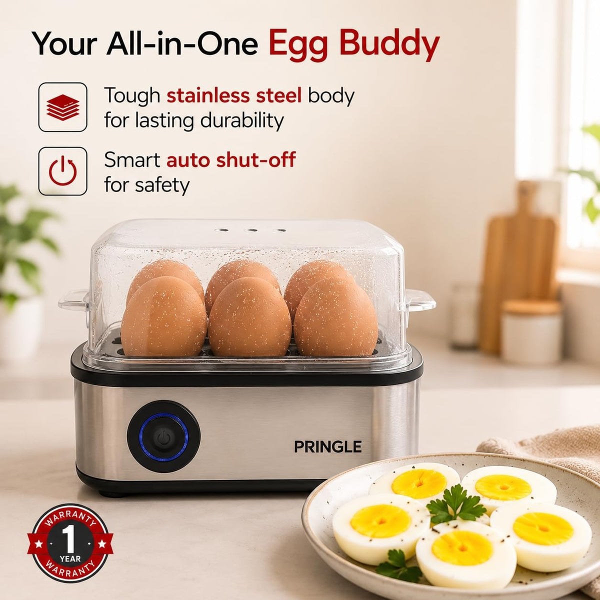 Pringle 2-in-1 Egg Boiler & Poacher (6 Egg Capacity & 4 Egg Poacher, 550W)
