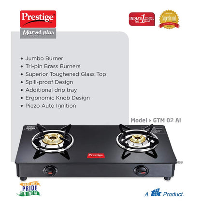Prestige Marvel Plus Glass Top Gas Stove (2 Burner, Auto Ignition)