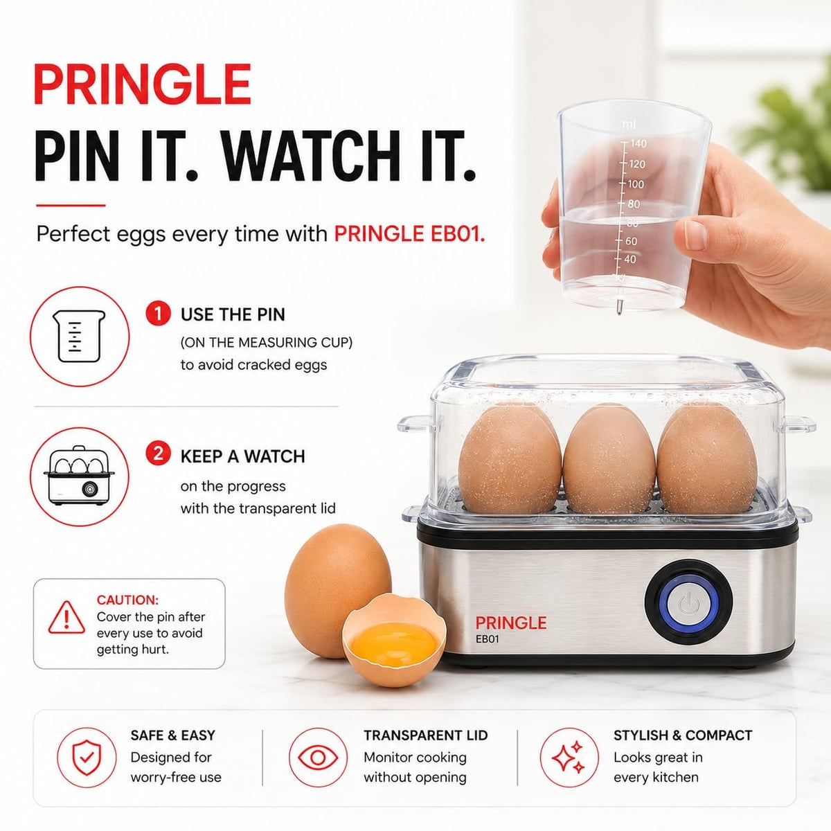 Pringle 2-in-1 Egg Boiler & Poacher (6 Egg Capacity & 4 Egg Poacher, 550W)