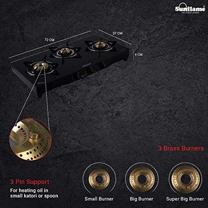 Sunflame Centa Glass Top Gas Stove (3 Burner, Auto Ignition)