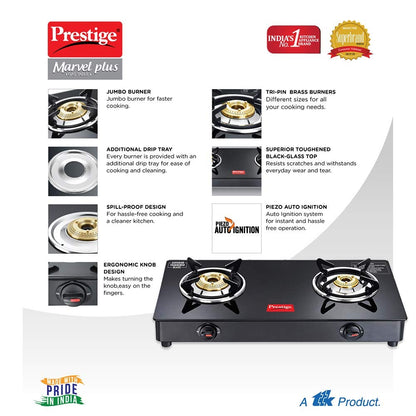Prestige Marvel Plus Glass Top Gas Stove (2 Burner, Auto Ignition)