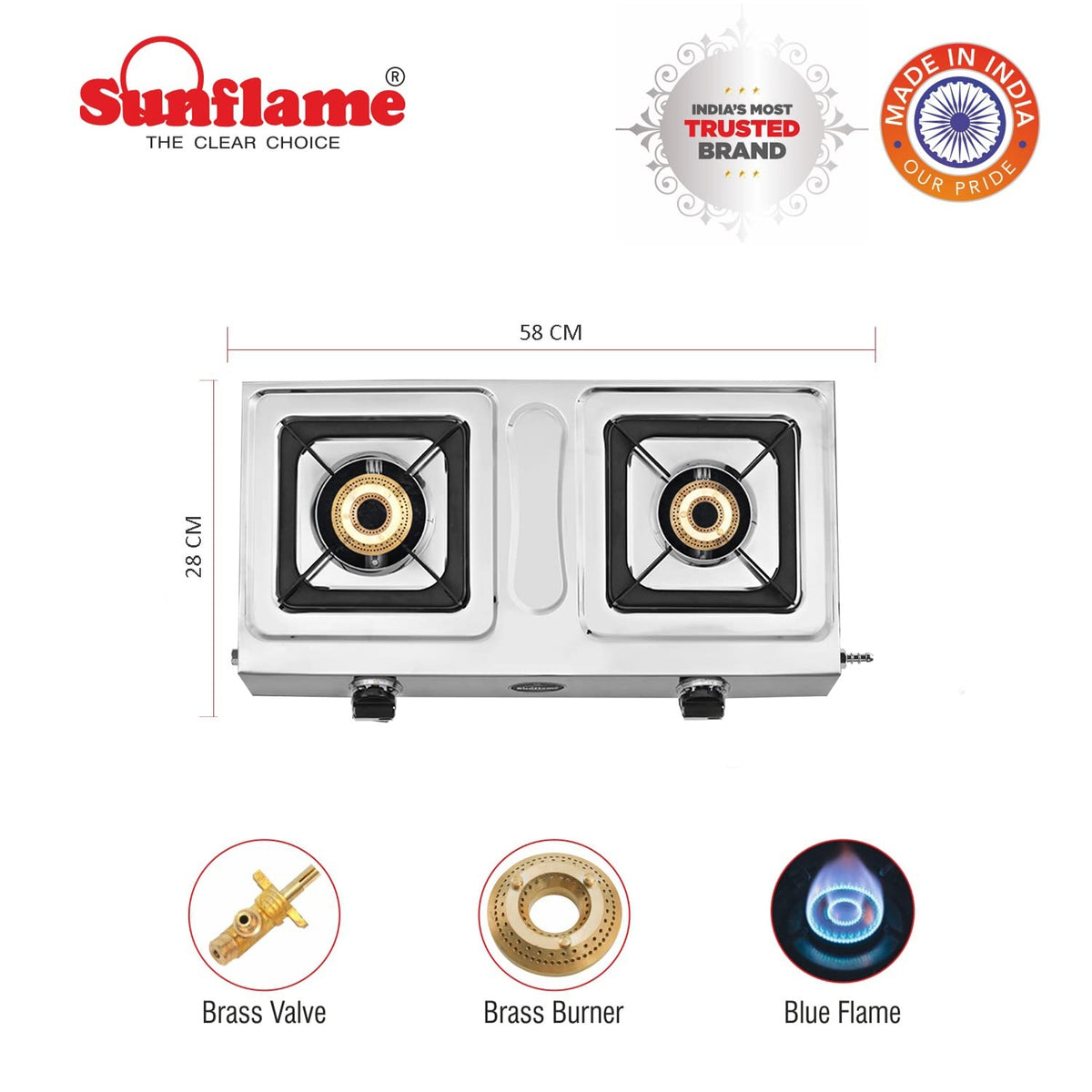 Sunflame Shakti Stainless Steel Gas Stove (2 Burner, Manual Ignition)