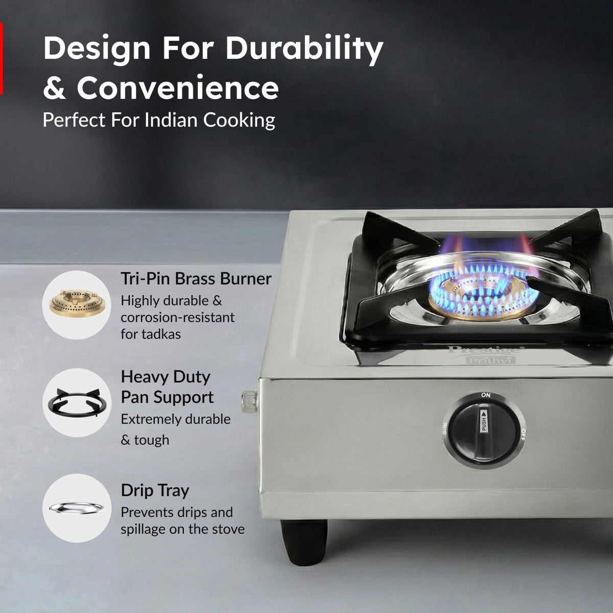 Prestige Prithvi Stainless Steel Gas Stove (1 Burner, Manual Ignition)