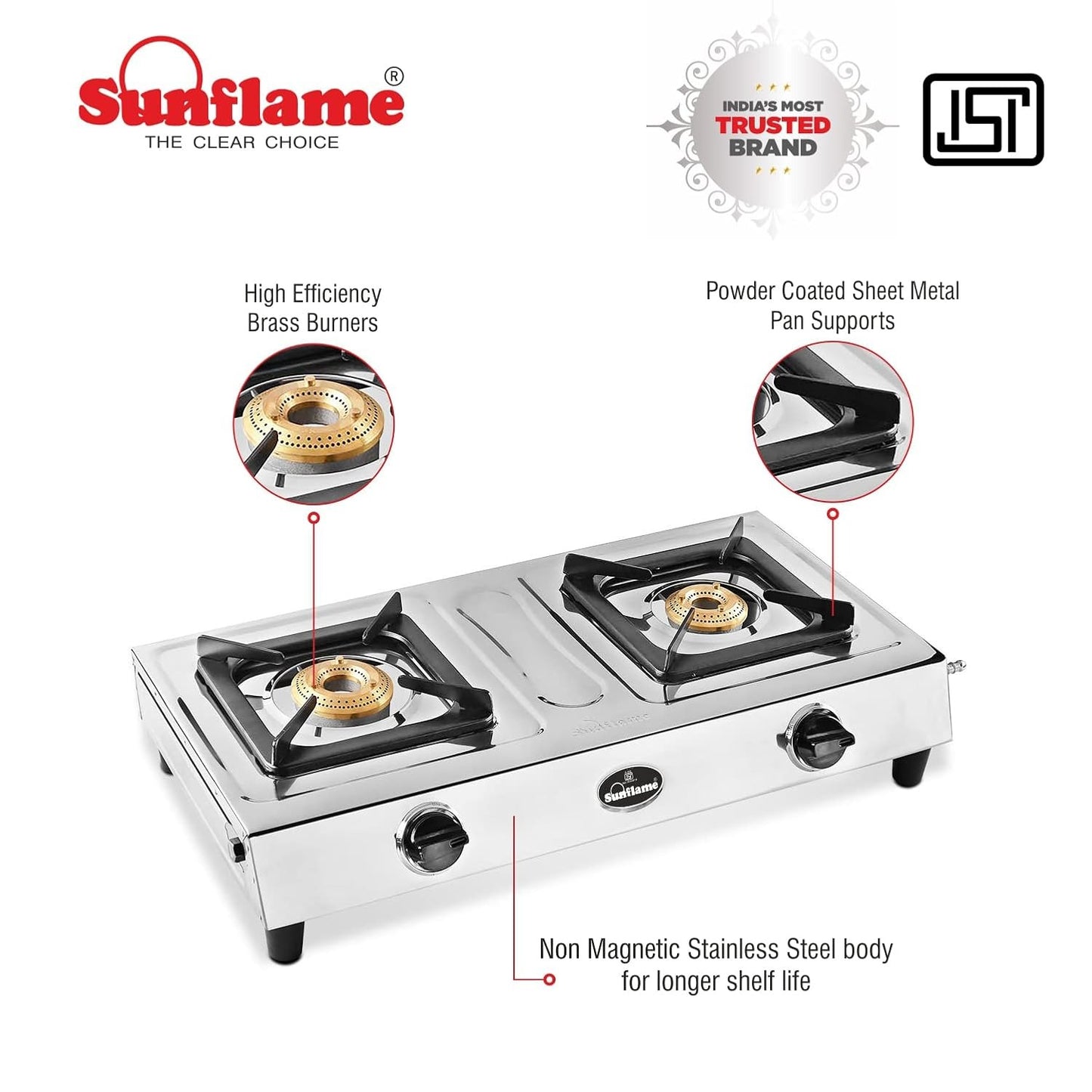Sunflame Shakti Stainless Steel Gas Stove (2 Burner, Manual Ignition)