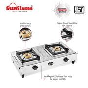 Sunflame Shakti Stainless Steel Gas Stove (2 Burner, Manual Ignition)