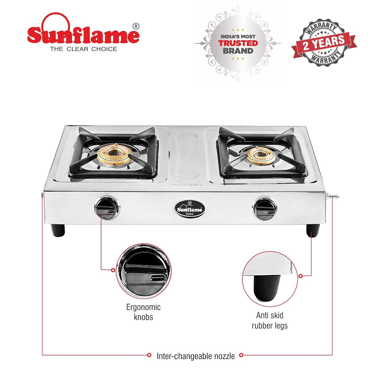 Sunflame Shakti Stainless Steel Gas Stove (2 Burner, Manual Ignition)