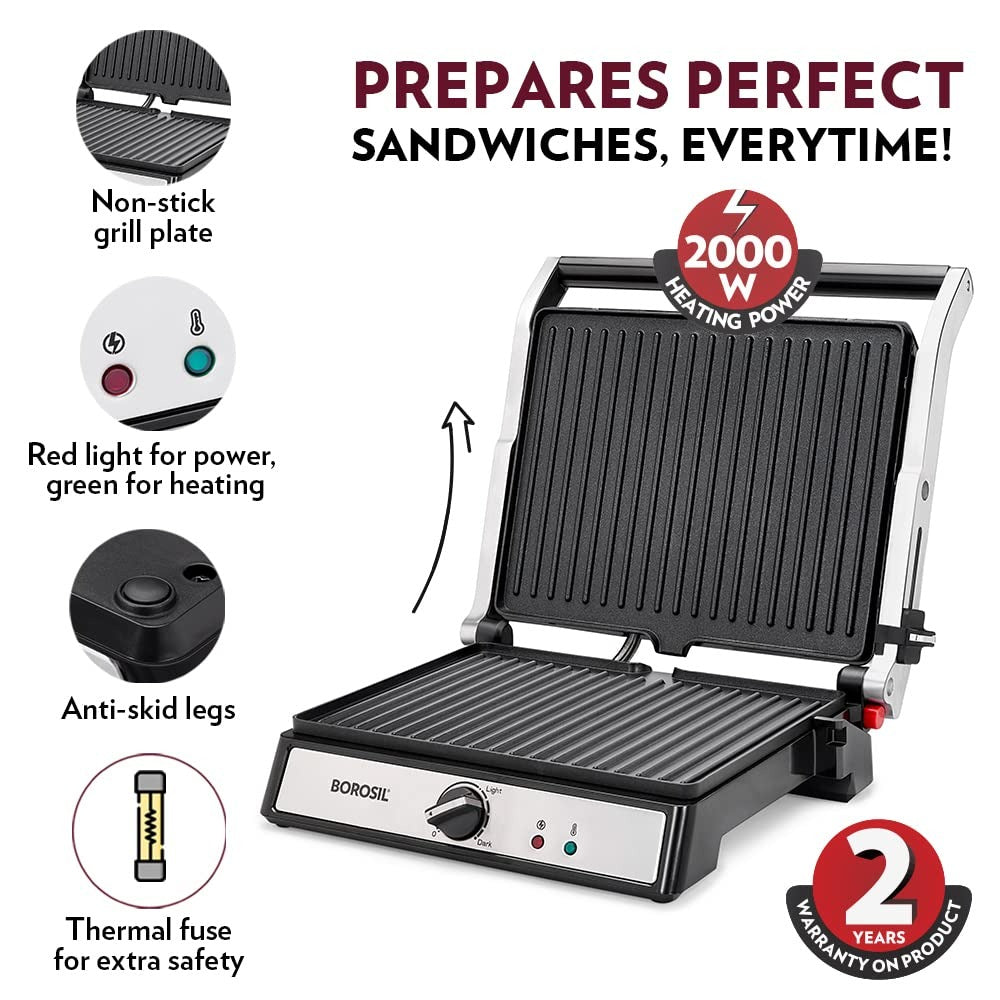 Borosil Super Jumbo Grill Sandwich Maker (Black, 2000W)