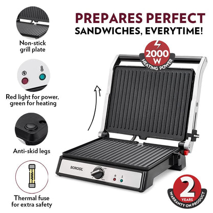 Borosil Super Jumbo Grill Sandwich Maker (Black, 2000W)