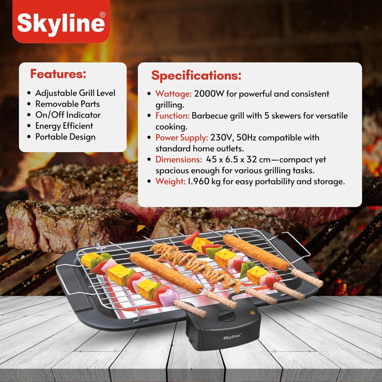 Skyline VTL-4545 Barbeque Grill (Black, 2000W)