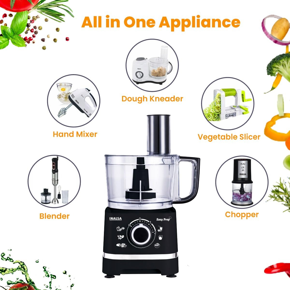 Inalsa Easy Prep Food Processor with Atta Kneader (Black, 1.4 Litre)