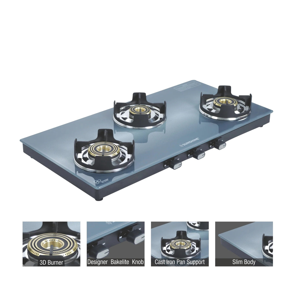 Sunshine Royal Blue Toughened Glass Gas Stove (3 Burner, Manual Ignition)