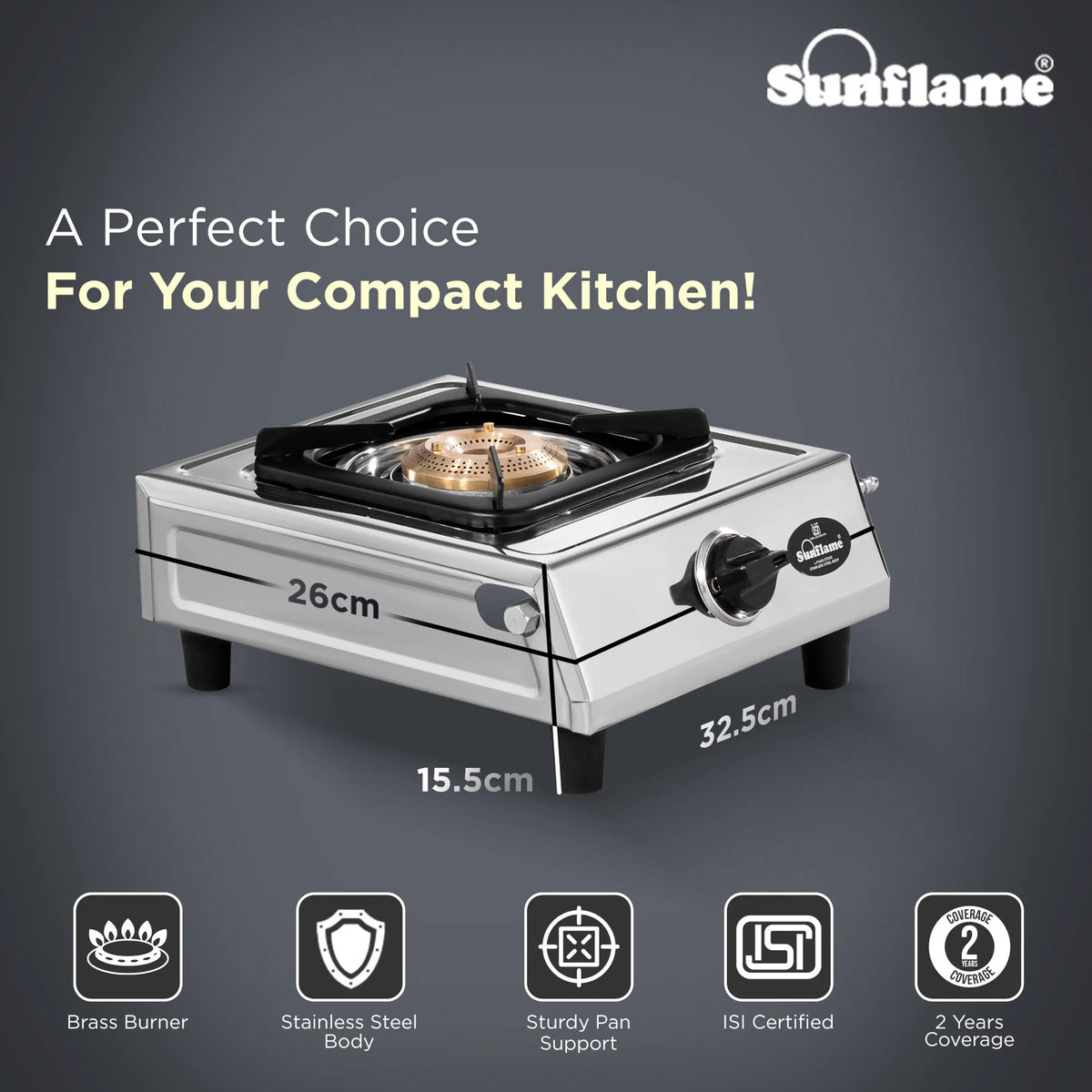 Sunflame DLX Stainless Steel Gas Stove (Single Burner, Manual Ignition)
