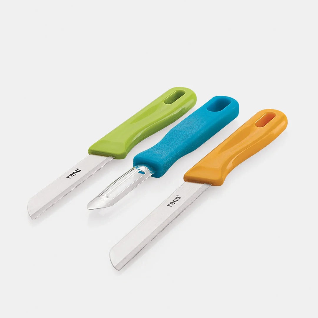 Rena 3 Pcs Knife Set, 2 Stainless Steel Knives + 1 Peeler, Plain & Serrated Blades (Made in India)