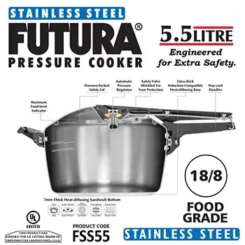 Hawkins Futura Stainless Steel Pressure Cooker (5.5 Litre, Induction Compatible) (FSS 55)