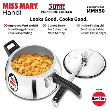 Hawkins Miss Mary Handi Pressure Cooker (5 Litre, Aluminium Handi Cooker) (MMH 50)