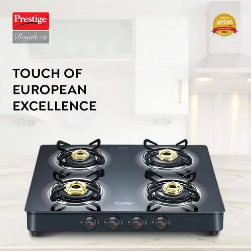 Prestige Royale Plus Glass Top Gas Stove, Powder Coated Body (4 Burner, Manual Ignition)