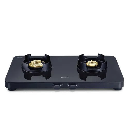 Prestige Edge Glass Top Gas Stove, Powder Coated Body with Aluminium Frame (2 Burner, Manual Ignition)