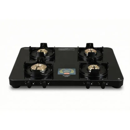 Prestige Edge Glass Top Gas Stove, Powder Coated Body with Aluminium Frame (4 Burner, Manual Ignition)