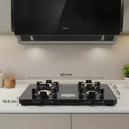 Prestige Edge Glass Top Gas Stove, Powder Coated Body with Aluminium Frame (4 Burner, Manual Ignition)