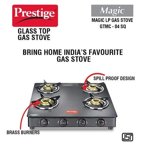 Prestige Magic Glass Top Gas Stove (4 Burner, Powder Coated Body)